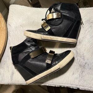ALDO Black High-Top Wedge Sneakers gold straps